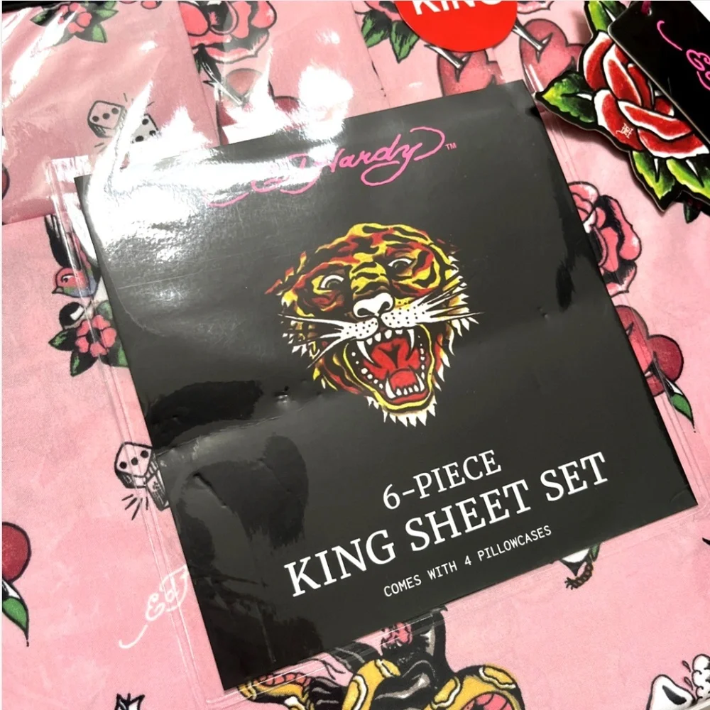Ed Hardy King 6-Piece Sheet Set Americana Tattoo Heart Rose Swallow Print NWT